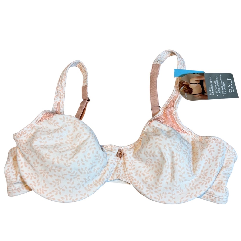 Bali One Smooth U Full Coverage Bra 34C Pink White Leaf Print Underwire DF3385